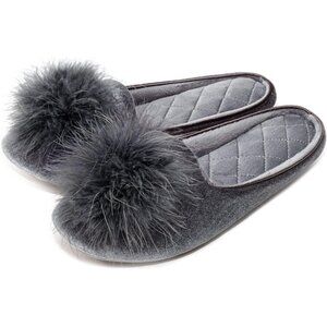 Women's Velvet Pom Pom Gray Memory Foam Knit Non Slip Sole Slippers Shoes